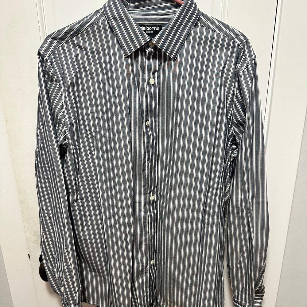 Claiborne Men's Black and White Striped Button Down Shirt